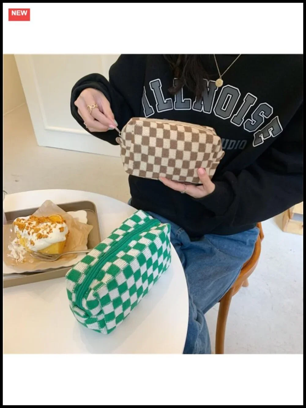Checkered Makeup Bag Set of 6 - Small Cosmetic Pouch for Purse, Travel